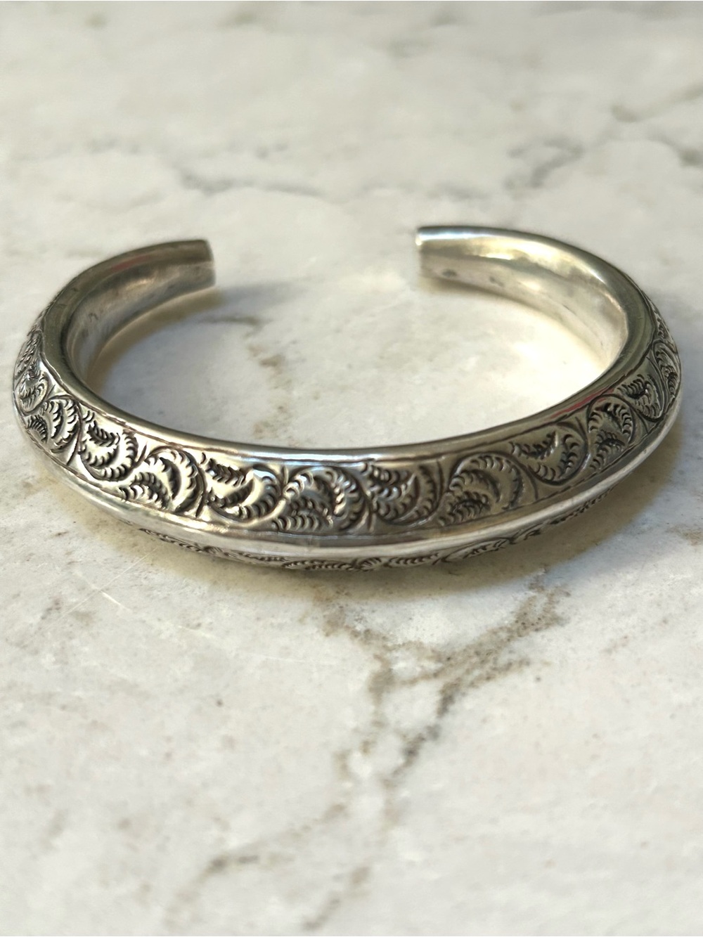 Engraved Silver Cuff Rattle Bracelet - Detailed Leaf Motif